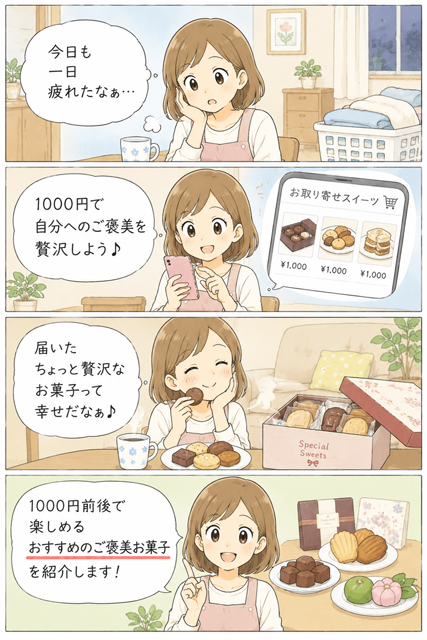 自分用のご褒美に1000円でちょっと贅沢なお菓子を楽しむ主婦の4コマ漫画