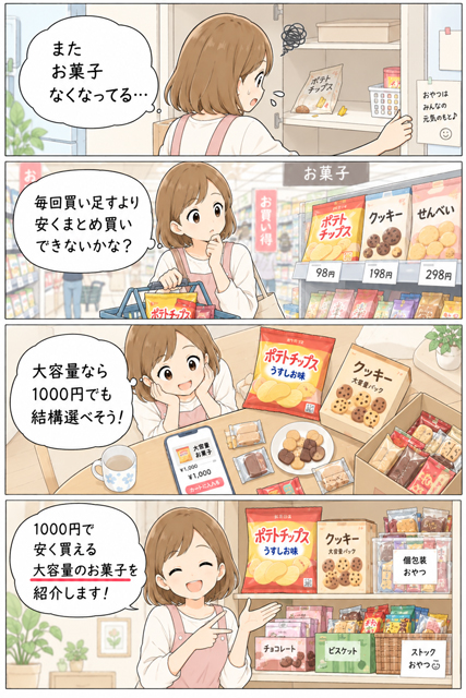 大容量で激安なお菓子を1000円で安くまとめ買いする主婦の4コマ漫画