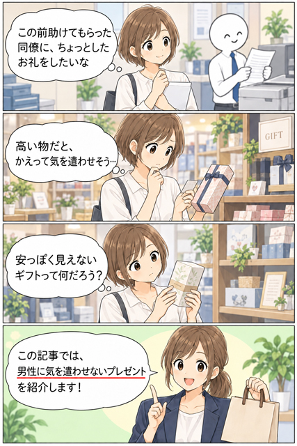 男性に気を遣わせない1000円台プレゼントを探すOL女性の4コマ漫画