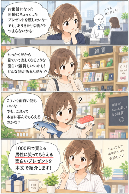 男性同僚へのお礼に笑ってもらえる面白いプレゼントを探すOLの4コマ漫画
