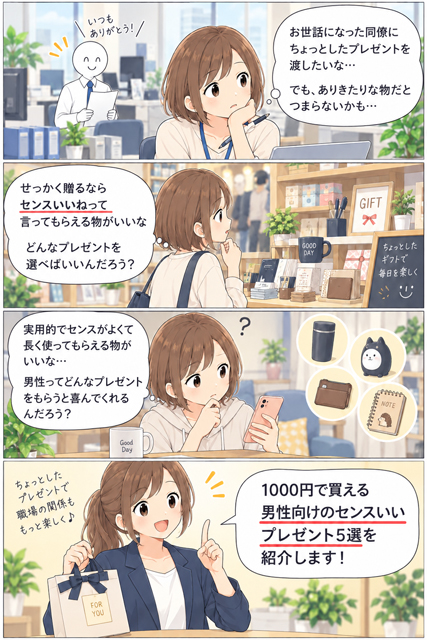 男性同僚に贈るセンスいいプレゼント選びに悩むOLの4コマ漫画