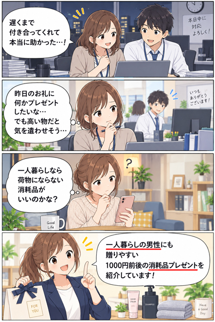一人暮らしの男性に贈る消耗品プレゼント選びに悩むOLの4コマ漫画