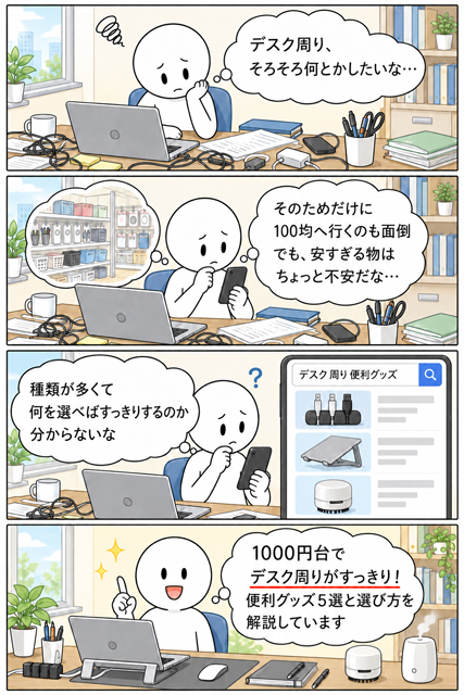 1000円台のパソコンデスク周り便利グッズ5選を紹介する4コマ漫画