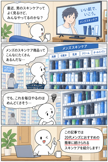 メンズスキンケア初心者の20代男性が何から始めればいいか悩む4コマ漫画