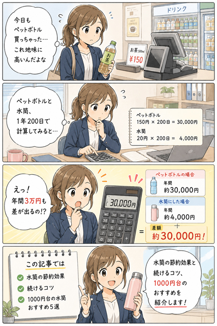ペットボトル代が年間3万円も違うと気づくOLの4コマ漫画