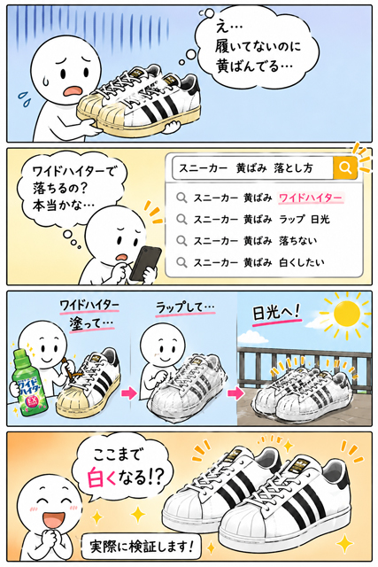 ワイドハイターでスニーカーの黄ばみ落としを試す4コマ漫画