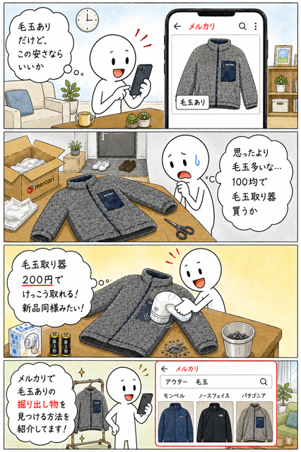 メルカリで毛玉ありのブランド服を安く買い毛玉取り器できれいにする4コマ漫画