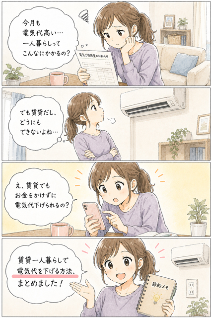 賃貸一人暮らしで電気代が高いと悩むOLが、お金をかけずに電気代を下げる方法に気づく4コマ漫画