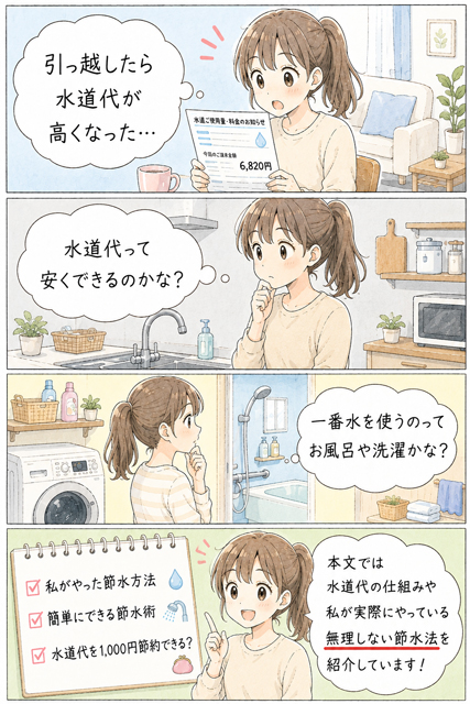 一人暮らしの女性が引っ越し後に水道代が上がって驚き、節水方法を考える4コマ漫画