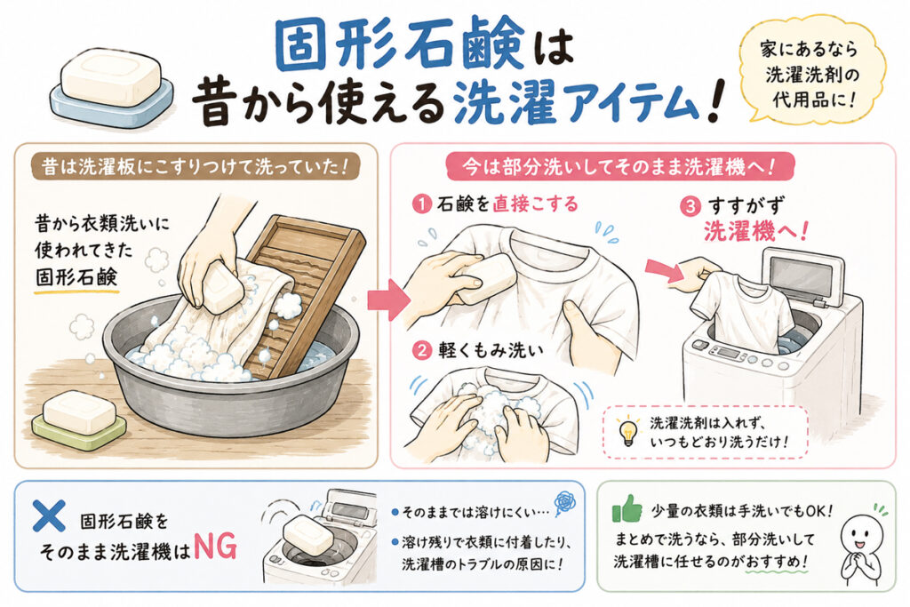 固形石鹸｜手洗いなら洗濯洗剤の代用に使いやすい