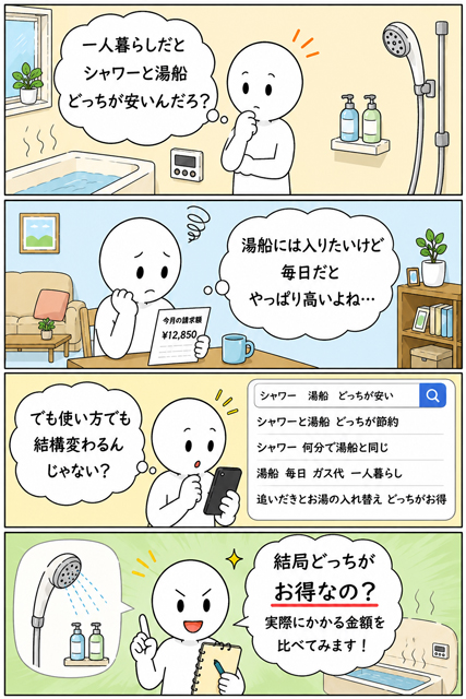 一人暮らしのお風呂とシャワーはどっちが節約か考える棒人間の4コマ漫画