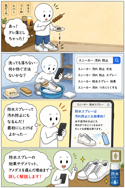 スニーカー防水スプレーの4コマ漫画｜タレ汚れをきっかけに防水スプレーの効果に気づく