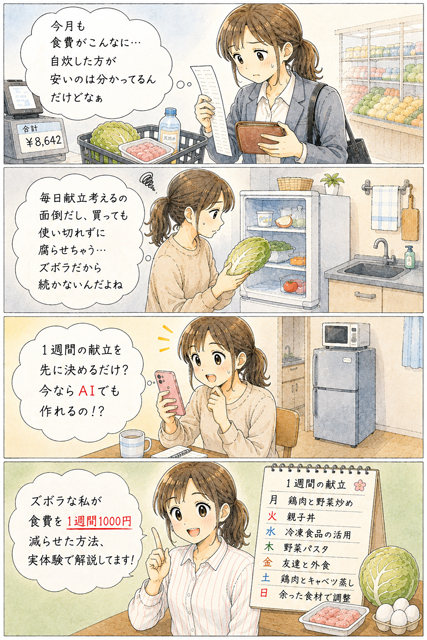 一人暮らしの食費節約に悩むズボラなOLが1週間の献立とAIで解決する4コマ漫画