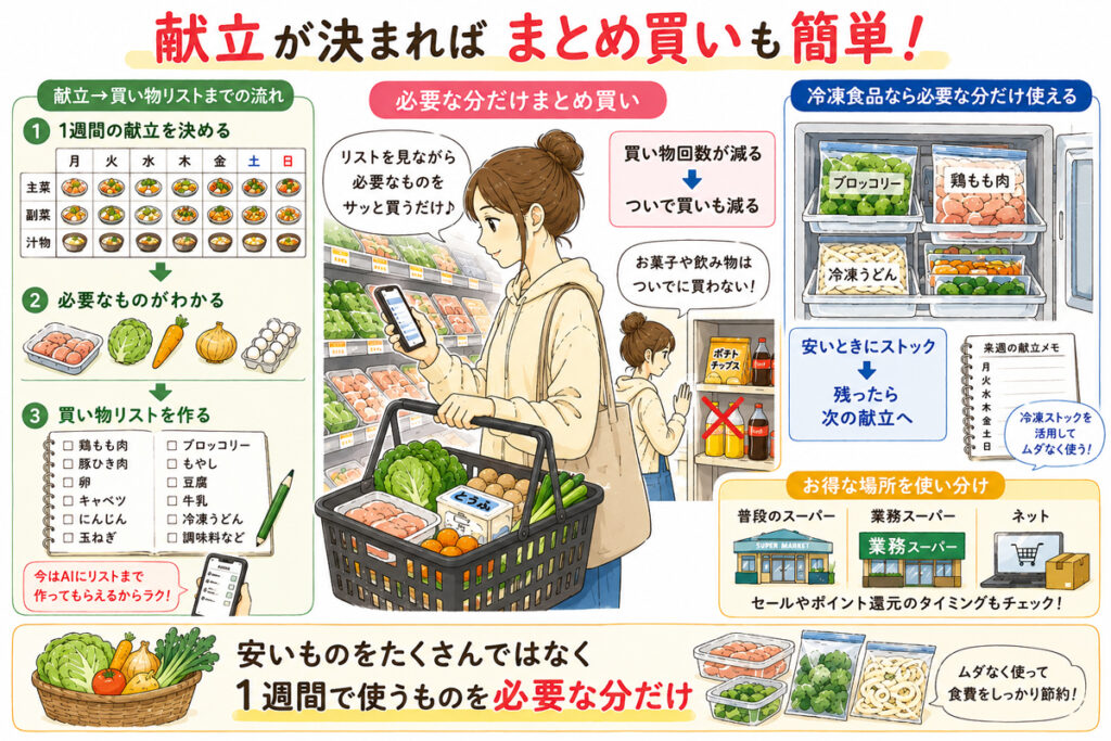 一週間の献立が決まっていればまとめ買いも簡単になる