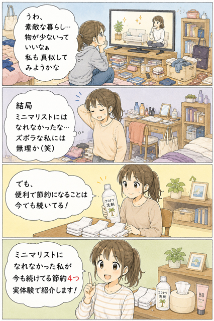 ミニマリストになれなかった私が大学時代に真似して今も続けている節約方法4つを紹介する4コマ漫画