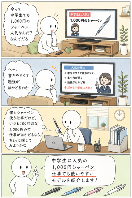 1000円シャーペン 中学生に人気の理由を知って仕事で使おうと探し始める4コマ漫画