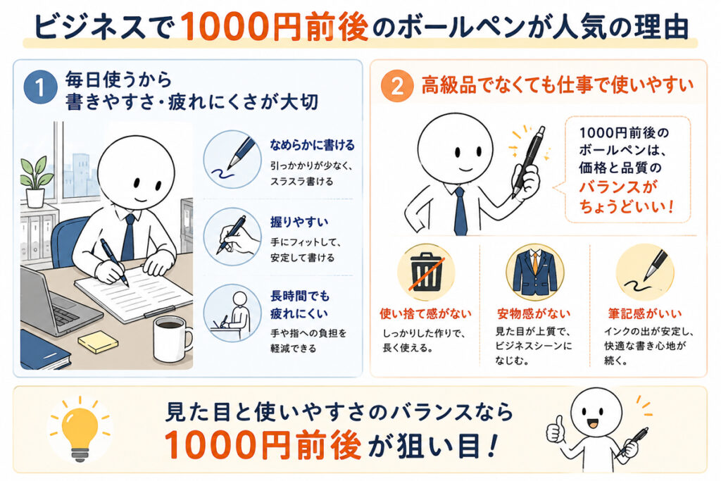 ビジネスで使うなら書きやすく疲れない1000円のボールペンが人気