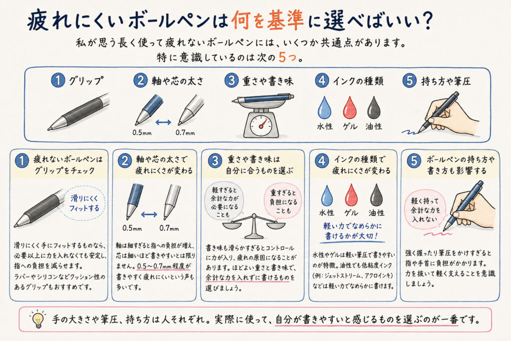 疲れにくいボールペンは何を基準に選べばいい？