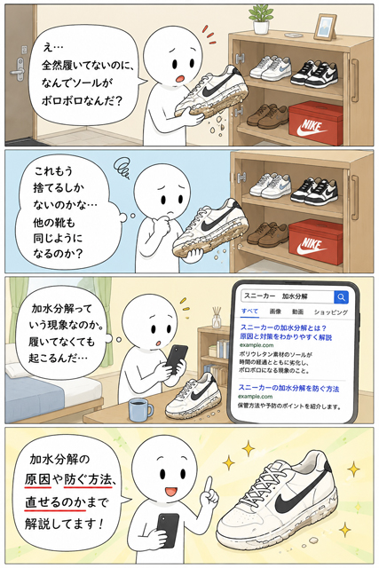 スニーカーが加水分解でボロボロになり原因や対処法を調べる4コマ漫画