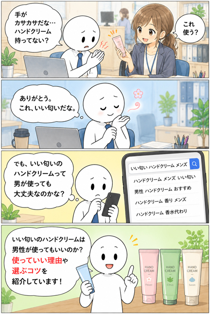 いい匂いのハンドクリームを男も使っていいのか悩む会社員の4コマ漫画