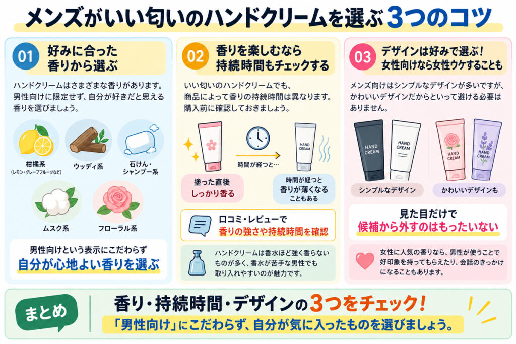 男性がメンズ専用以外のいい匂いのハンドクリームを選ぶ3つのコツ