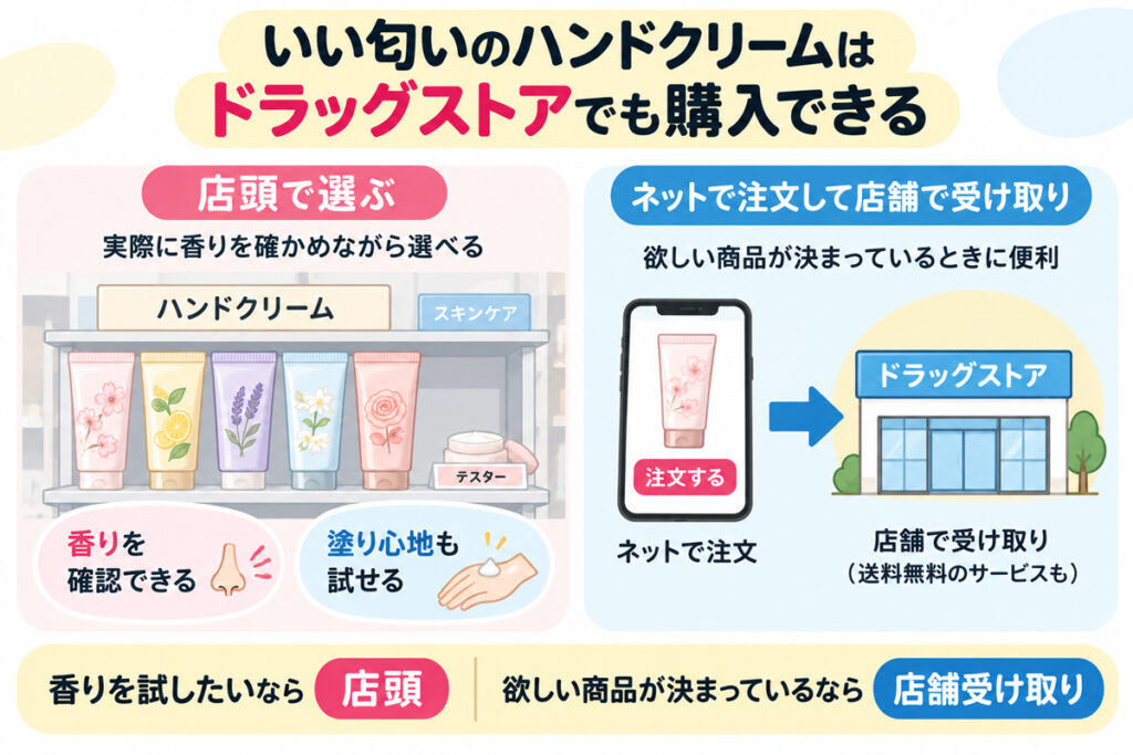 いい匂いのハンドクリームはドラッグストアでも購入できる