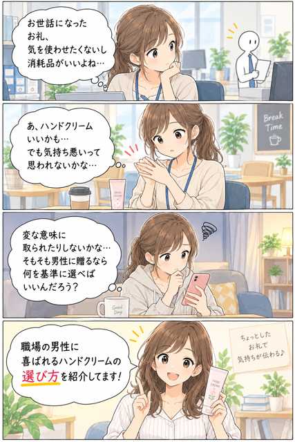職場の男性に喜ばれるハンドクリームの選び方|プレゼント4コマ漫画