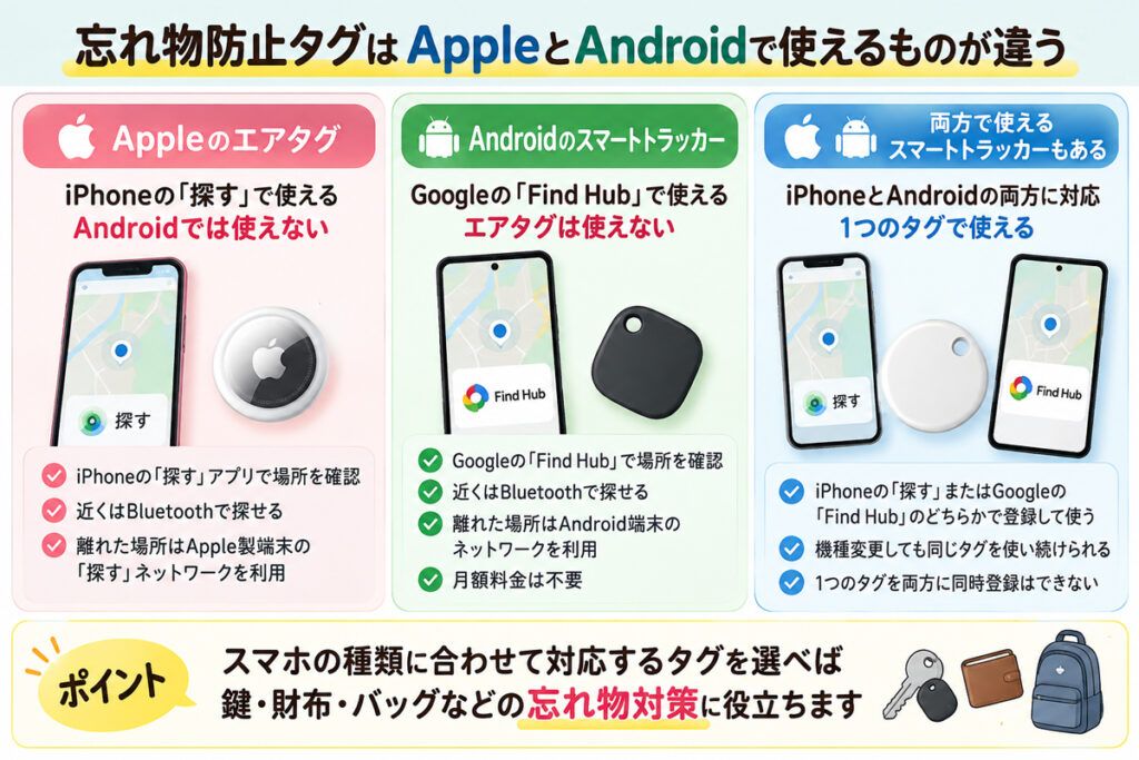 忘れ物防止タグはAppleのエアタグとAndroidで使えるものが違う