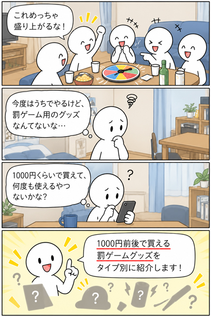 宅飲みなどで使う罰ゲームグッズや道具を1000円前後で探す大学生の4コマ漫画
