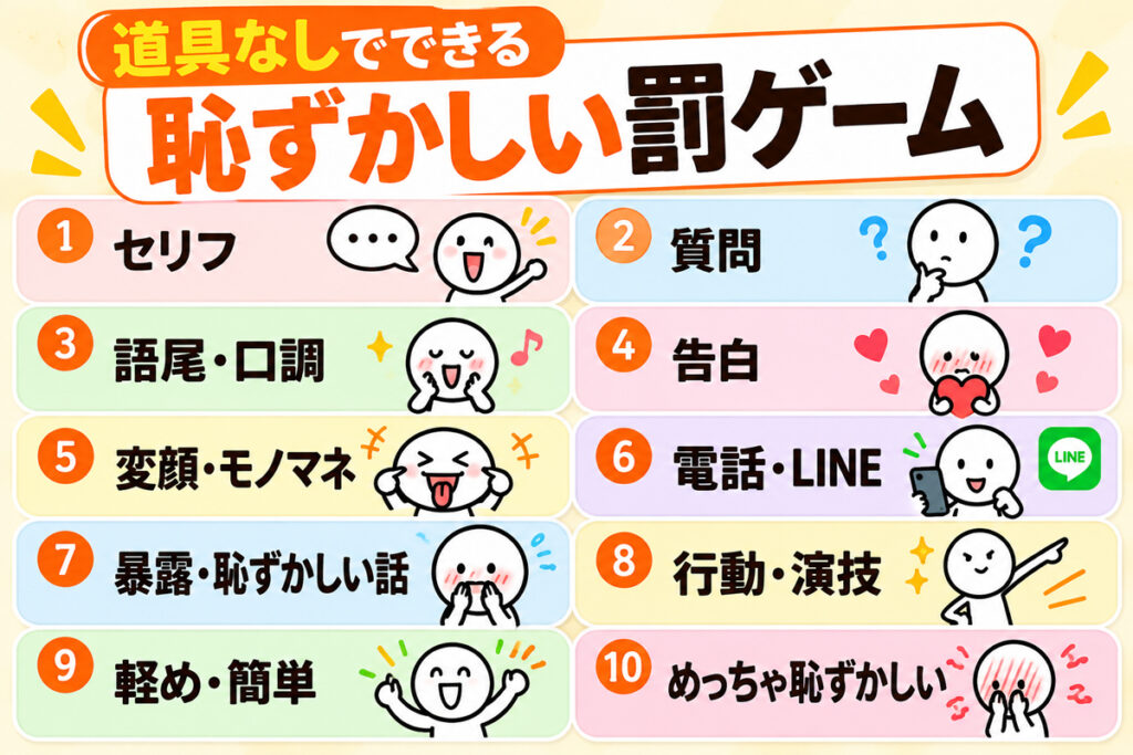 道具なしでできる恥ずかしい罰ゲームの一覧|ジャンル別に紹介