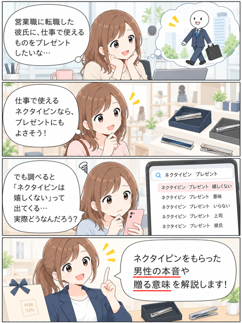 ネクタイピンのプレゼントの意味を知って彼氏に贈るか悩むOLの4コマ漫画