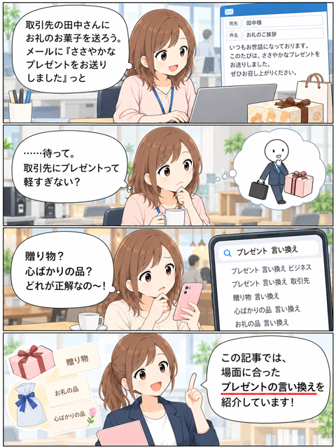 取引先へのお礼でプレゼントの言い換えに迷う女性の4コマ漫画