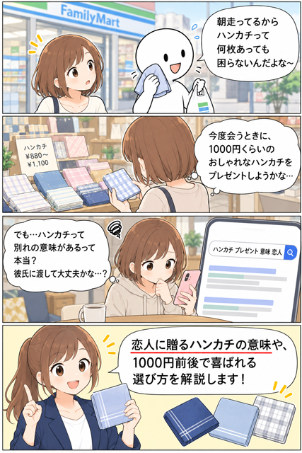 恋人へのハンカチプレゼントに別れの意味があるか不安になる女性の4コマ漫画