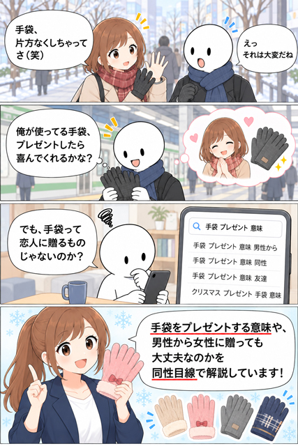 手袋をプレゼントする意味が気になり彼女でもない異性に贈るか悩む男性の4コマ漫画