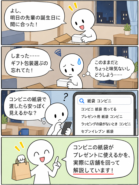 先輩への誕生日プレゼントの包装を忘れ、コンビニで紙袋を探す男性の4コマ漫画